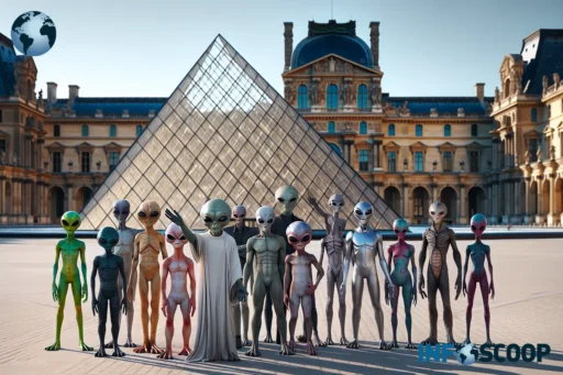 Aliens revendiquant la Pyramide du Louvre comme leur création