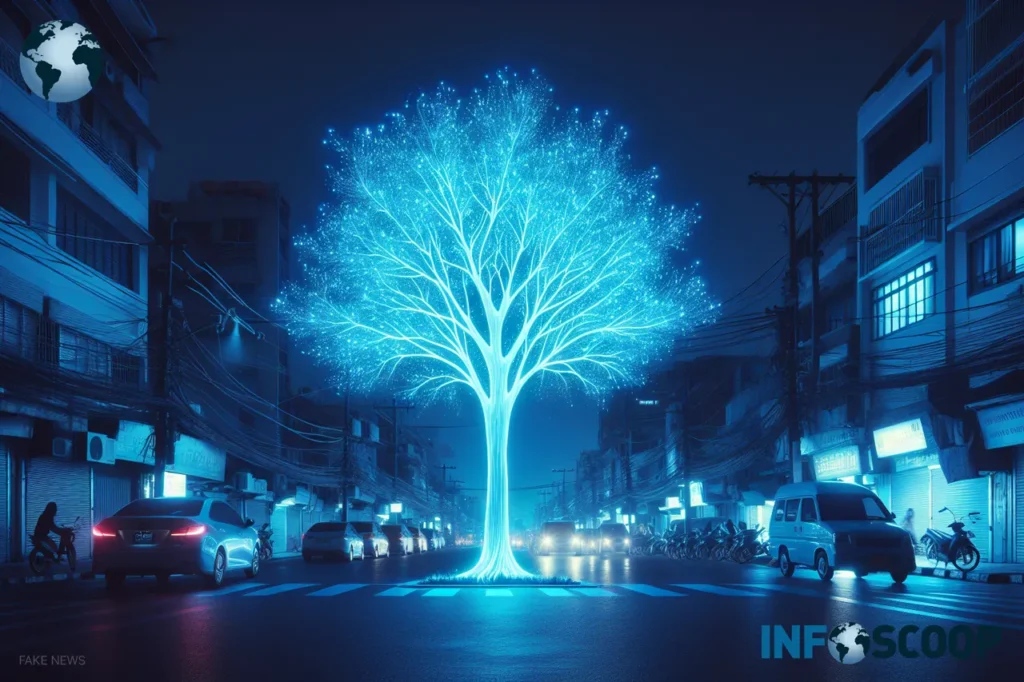 Arbre bio-lumineux illuminant une rue urbaine la nuit.