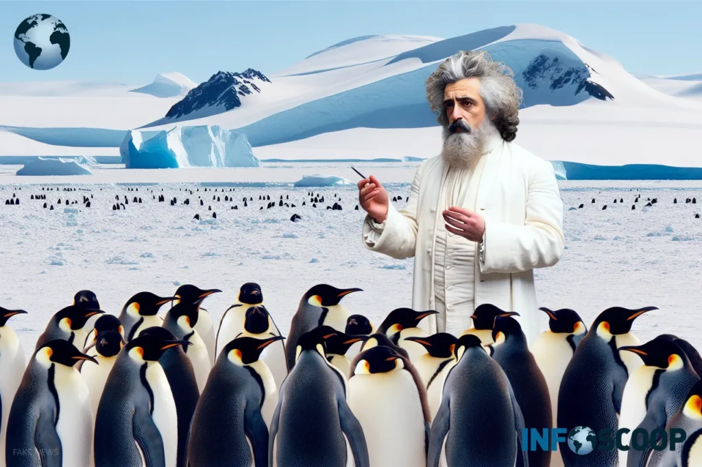 BHL en pleine leçon philosophique avec des manchots empereurs en Antarctique