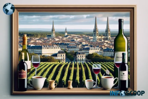 Bordeaux cityscape with tea cups and tea plantations instead of wine and vineyards.