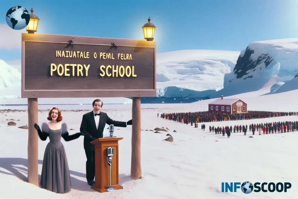 Brad Pitt and Amélie Nothomb in front of their new poetry school in Antarctica