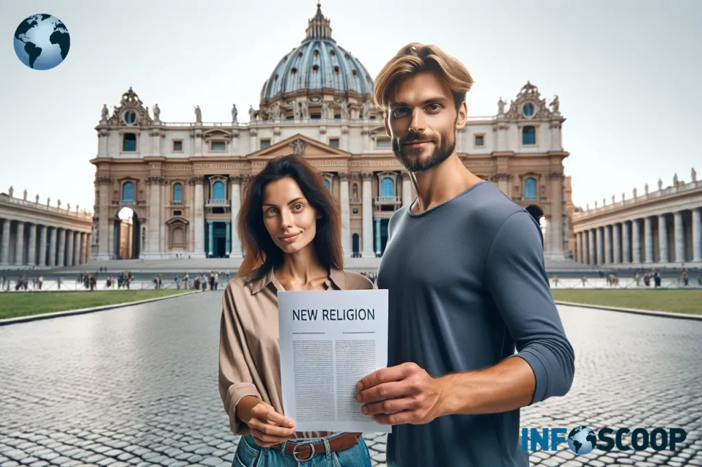 Brad Pitt et Angelina Jolie devant le Vatican, tenant un document intitulé 'Nouvelle Religion'