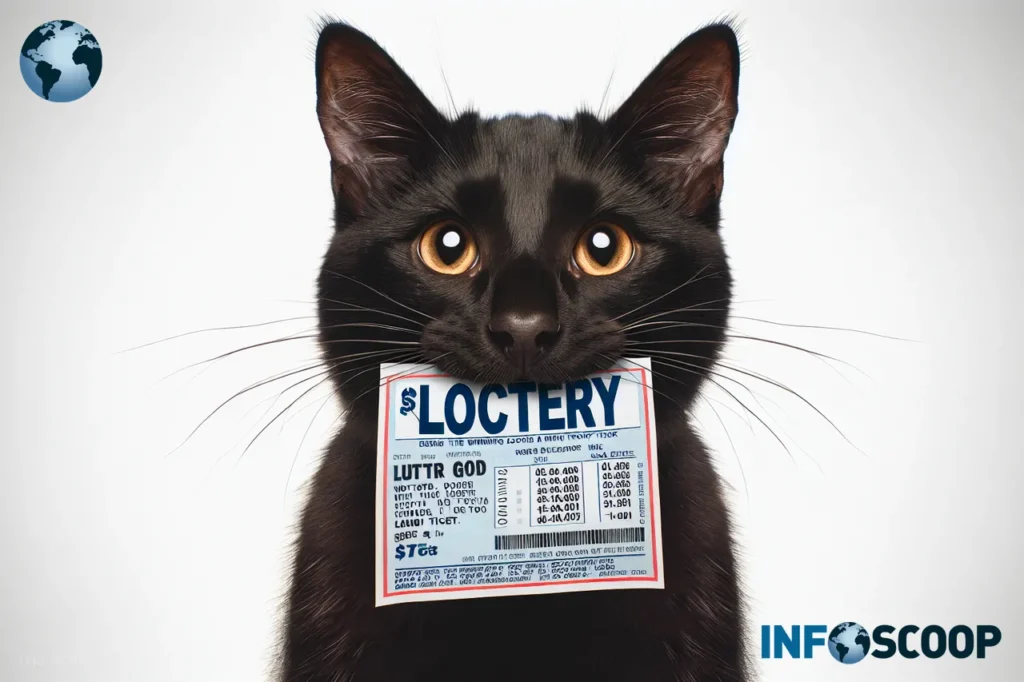 Chat noir avec un billet de loterie gagnant