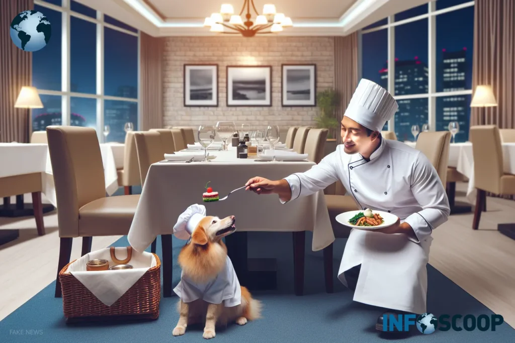 Chef Jean-Pierre Paws présentant un plat gastronomique à un chien dans son restaurant