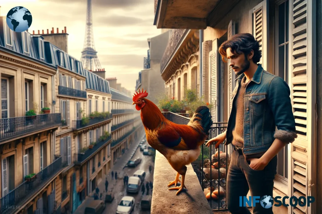 Citoyen français avec une poule sur un balcon en ville