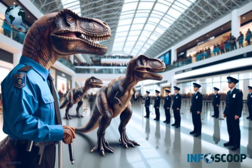 Dinosaurs patrolling a shopping mall as security guards