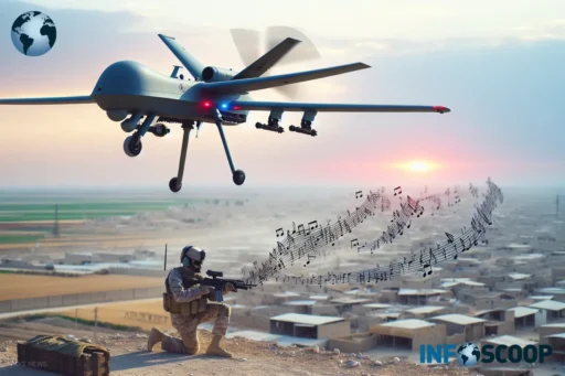 Drone militaire français diffusant de la musique relaxante sur une zone de conflit