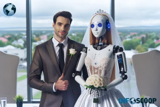 Elon Musk et son épouse, le robot humanoïde Synthia, lors de leur mariage