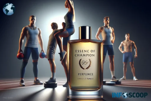 Flacon de parfum 'Essence de Champion' avec athlètes en arrière-plan