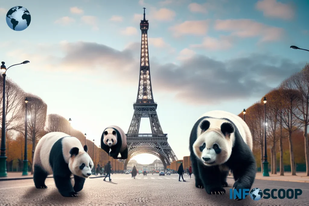 Giant pandas invading Paris with the Eiffel Tower in the background