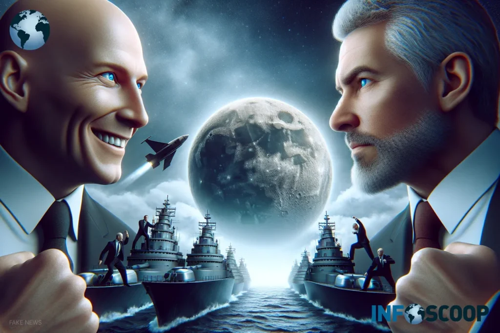 Illustration de Bezos et Musk en pleine bataille navale pour la Lune