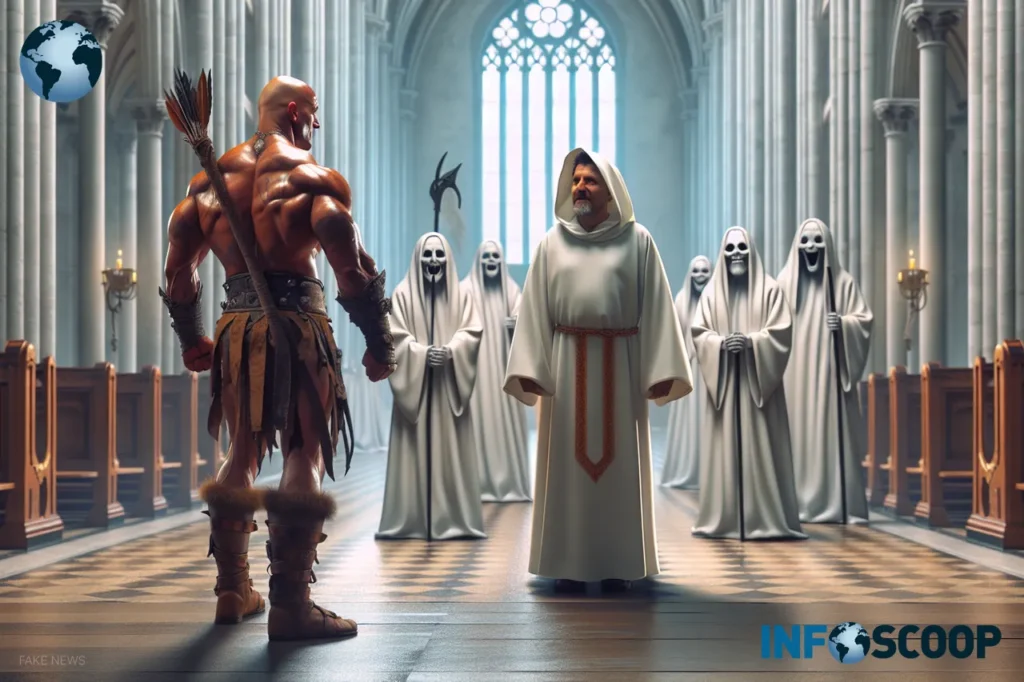 Illustration du jeu vidéo 'God of War: Vatican Edition' montrant Kratos et le Pape François dans une église.