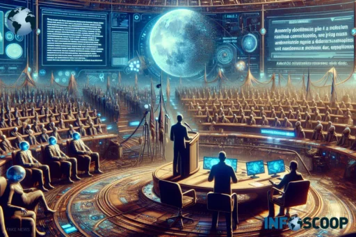 Illustration du roman de science-fiction de Nicolas Sarkozy où il prononce un discours de trois heures aux extraterrestres.