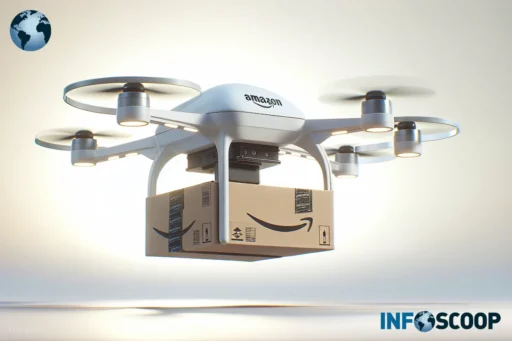 Illustration d'un drone Amazon livrant un paquet marqué Prime Coke