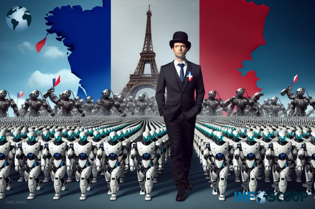 Illustration d'une armée de robots menée par Mark Zuckerberg envahissant la France.