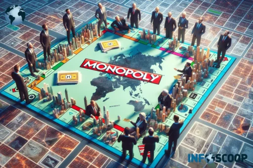 Illustration d'une partie de Monopoly grandeur nature avec des villes réelles sur une carte du monde.