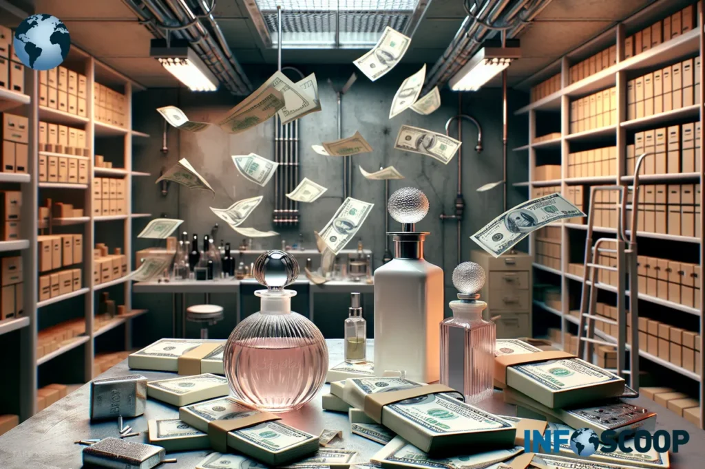 Image d'un laboratoire secret avec des flacons de parfum et des billets de banque volants autour