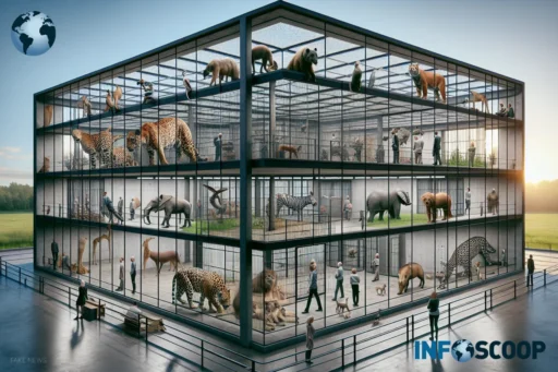 Image d'un zoo humain interactif où les humains sont dans des cages et les animaux les observent