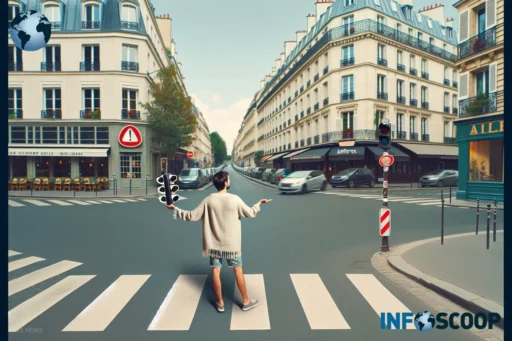 Influenceur tenant un panneau stop à un carrefour parisien