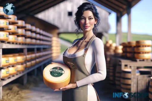 Kim Kardashian tenant un fromage KimCantal dans une ferme en Auvergne