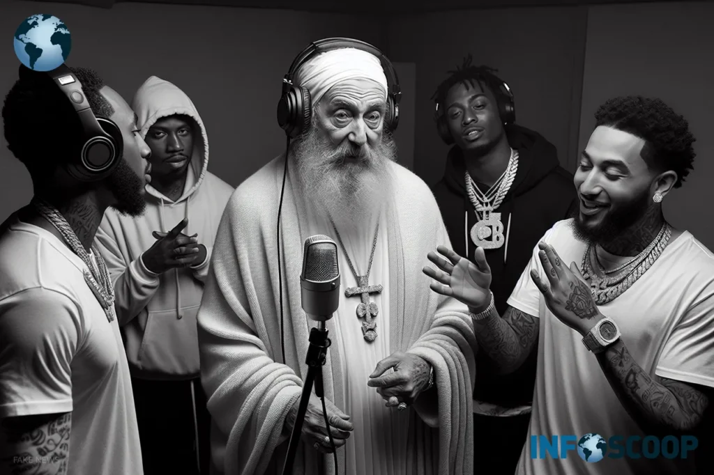 Le pape François en studio d'enregistrement avec des rappeurs célèbres pour la production de son album de rap.