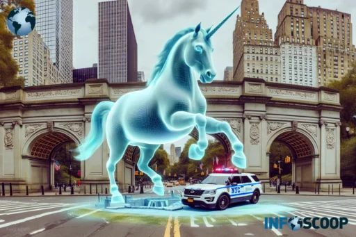 Licorne holographique patrouillant dans Central Park pour la police de New York