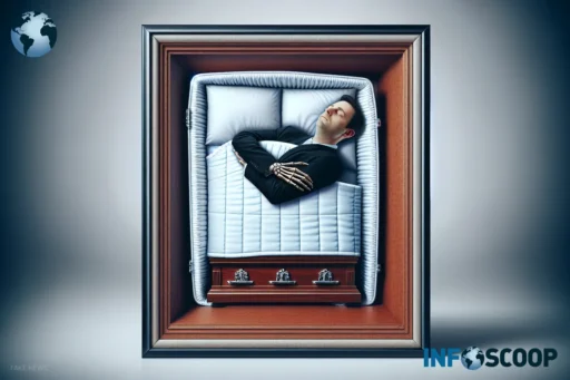 Man sleeping in a coffin as a remedy for back pain