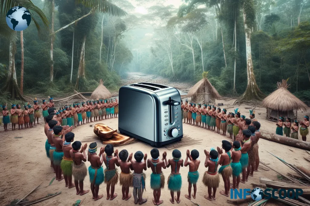 Members of an isolated tribe in the Amazon rainforest gathered around a giant toaster, their hands raised in reverence.