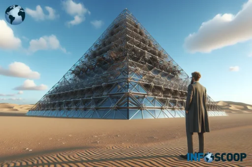 Milliardaire excentrique observant la construction de sa pyramide moderne en plein désert