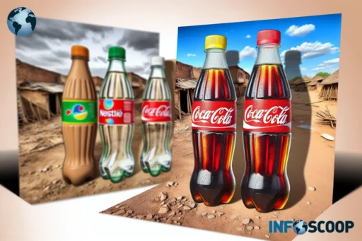 Nestlé and Coca-Cola bottles against a backdrop of a water-deprived village