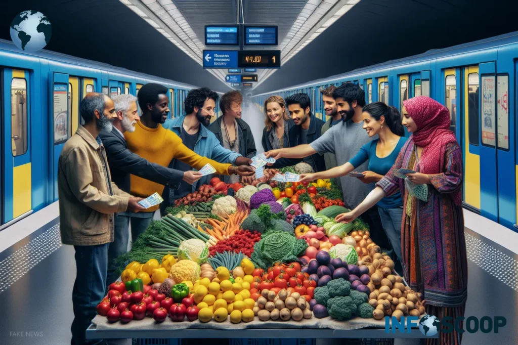 People exchanging vegetables for metro tickets in Lyon