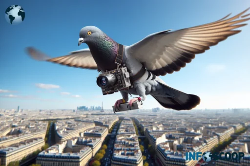 Pigeon-drone survolant Paris dans le cadre du programme Colombiforme 2.0