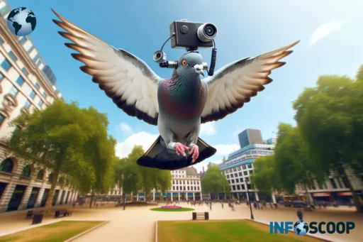 Pigeon espion volant équipé d'une mini caméra et d'un microphone