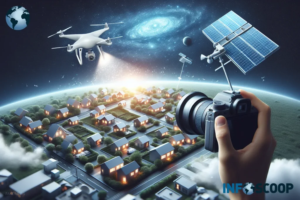 Satellite et drone espionnant un quartier