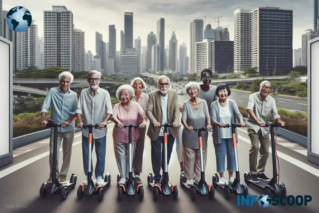 Seniors enjoying their ride on their new electric scooters in the city