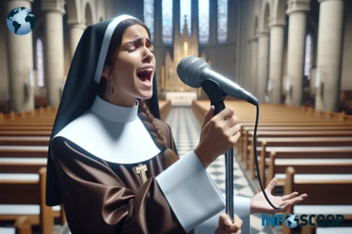 Soprano en tenue de prêtre, chantant avec passion dans une église, son micro modifiant sa voix grâce à l'autotune.