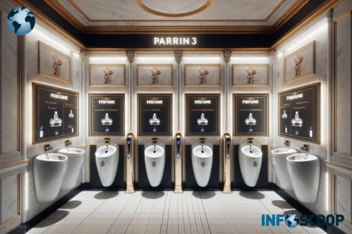 Toilettes publiques parisiennes avec distributeurs de parfums de luxe