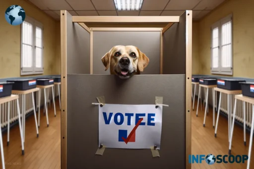 Un chien parisien votant dans un bureau de vote