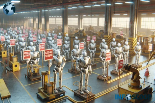 Usine à l'arrêt avec des robots en grève